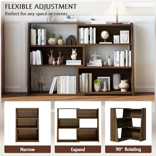 IOTXY Wooden Extendable Shelf Bookcase, 3-Tier Low Bookshelf, Walnut, L, view 4