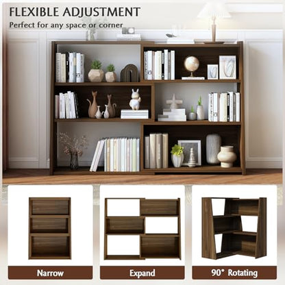 IOTXY Wooden Extendable Shelf Bookcase, 3-Tier Low Bookshelf, Walnut, L, view 4