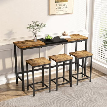 4-Piece Dining Table Set, 60.2" L Wood Dining Table with 3 Stools and Metal Frame for Kitchen Dining Room, Convenient Hanging Stool Design, Natural+Black