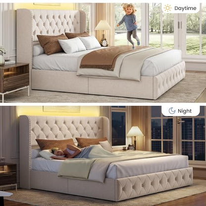 King Size Bed Frame with 4 Storage Drawers and Wingback Headboard, view 8