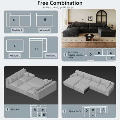 136" Cloud Sectional Couch U-Shaped Chaise with Ottoman, Corduroy Boneless Couch for Living Room Bedroom, Deep-Seat Upholstered Modular Cloud Sofa, No Assembly Required (Black, Left Facing Chaise)