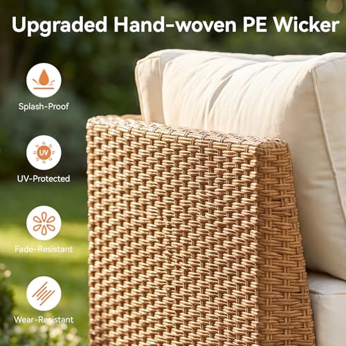 7-Piece Patio Furniture Set, Wicker Outdoor Furniture with Water Resistant Thick Cushions, Patio Conversation Set Outdoor Sectional Sofa with Coffee Table for Backyard Poolside, Beige