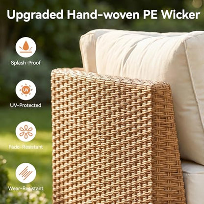 7-Piece Patio Furniture Set, Wicker Outdoor Furniture with Water Resistant Thick Cushions, Patio Conversation Set Outdoor Sectional Sofa with Coffee Table for Backyard Poolside, Beige