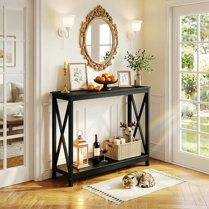 Sofa Side Console Table with 2 Storage Shelves Narrow Accent Table for Entryway/Hallway/Living Room, 39.3in L x 11.8in W x 31.6in H, Black