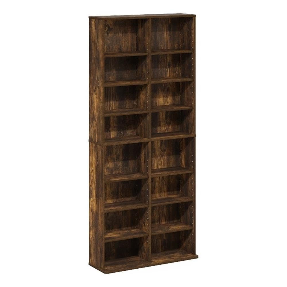 16-Shelf Multimedia Media Storage Tower Rack, Amber Pine Finish
