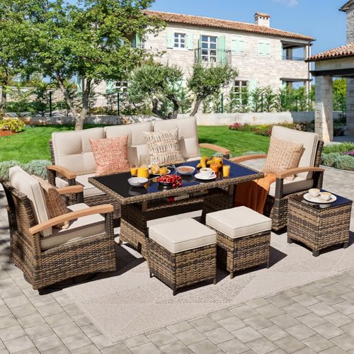 7 Pieces Patio Furniture Sets, PE Wicker Outdoor Conversation Sets with 2 Wood Armrests Swivel Rocker Chairs, 2 Ottomans,3-seat Sofa and Dining Table (Beige)