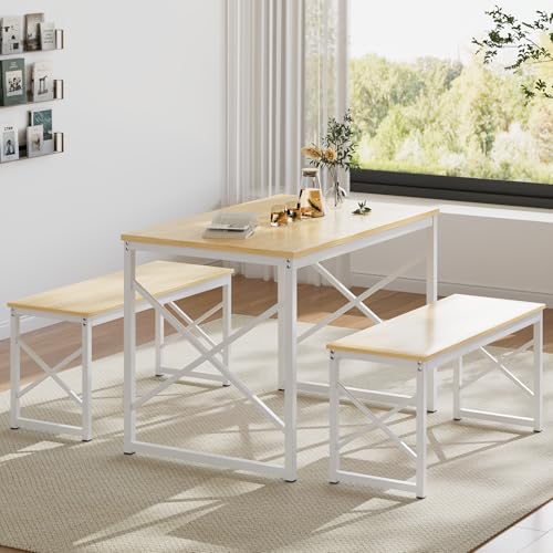 Kitchen Dining Table Benches Set for 4, 43.3" Wooden Dinette with 2 Benches, Heavy-Duty Dining Room Table for Small Space, Breakfast Nook, Natural Oak