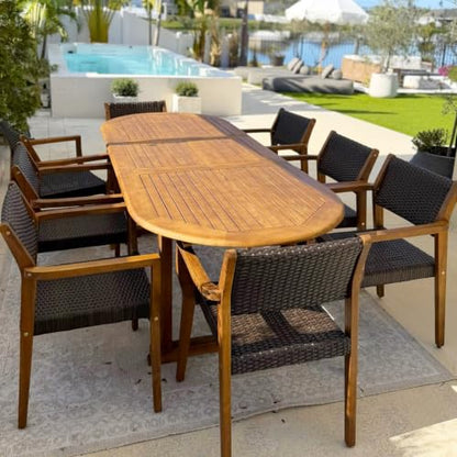 Outdoor Dining Set for 8, Expandable Acacia Wood Table & Chairs | 9pc teak patio furniture set. Large farmhouse set for deck, porch, backyard