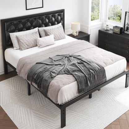 Queen Black Bed Frame with Button Tufted Headboard and Storage, view 7