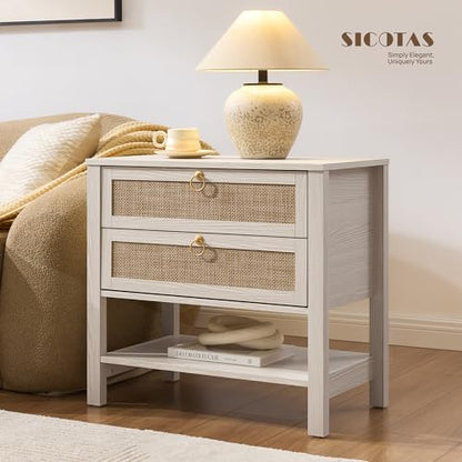 26.7" Wide Boho Rattan Nightstand, White Oak Bedside Table with 2 Drawers & Open Shelf, Large Side Table for King Size Bed, Modern Coastal Accent Table for Bedroom