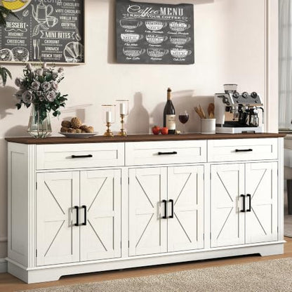 70" Farmhouse Buffet Cabinet with Storage 3 Drawers & 6 Barn Doors, White, view 2