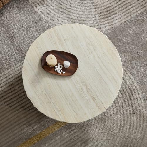 Set of 2 Round Coffee Tables for Living Room, 31.7" W x 13" H Faux Mars Circle Drum Pattern Modern Minimalist 23.82" W x16.93 Side Tables Accent End Table for Apartment, Office, Beige