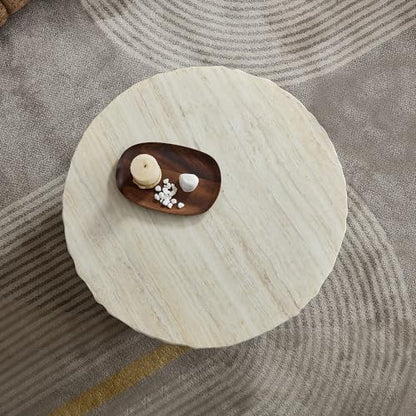 Set of 2 Round Coffee Tables for Living Room, 31.7" W x 13" H Faux Mars Circle Drum Pattern Modern Minimalist 23.82" W x16.93 Side Tables Accent End Table for Apartment, Office, Beige