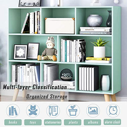IOTXY Wooden Open Shelf Bookcase - 3-Tier Bookshelf with Leg, Tiffany-Green | Nordic Minimalist Style, MDF Material, Raised Solid Wood Legs, 8 Storage Cubes Display, Floor-Standing Cabinet Organizer