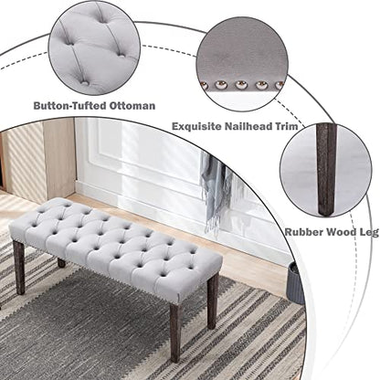 Button-Tufted Ottoman Bench, Upholstered Bedroom Benches Velvet Footrest Stool Accent Bench for Entryway Dining Room Living Room Bedroom End of Bed, Gray