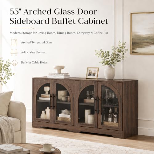 55" Arched Glass Door Sideboard Buffet Cabinet, Walnut, view 4