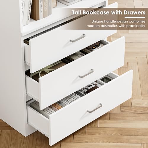 71" H White Bookshelf with Drawers, Bookshelf and Bookcase with 3-Tier Open Shelves, Tall Bookshelf Tall Storage Cabinet for Home Office