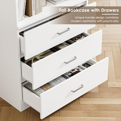 71" H White Bookshelf with Drawers, Bookshelf and Bookcase with 3-Tier Open Shelves, Tall Bookshelf Tall Storage Cabinet for Home Office