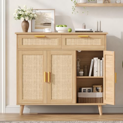 Rattan Sideboard Buffet Cabinet with Storage, 35.4" W Buffet Cabinet with 2 Drawers and 3 Doors, Sideboard Storage Cabinet with Adjustable Shelves for Kitchen, Living Room, Natural Oak