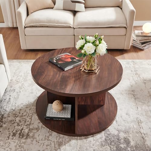 Round Coffee Table for Living Room, 32" Modern Center Table with Cross Support Structure & Open Storage Cubby, Wood Circle Cocktail Table for Small Space, Apartment, Dark Walnut