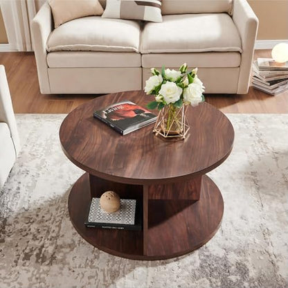 Round Coffee Table for Living Room, 32" Modern Center Table with Cross Support Structure & Open Storage Cubby, Wood Circle Cocktail Table for Small Space, Apartment, Dark Walnut