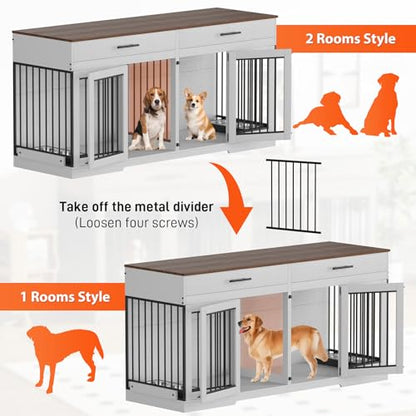 72" Double Dog Crate Furniture with Drawers and Divider, White, view 7