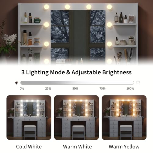Vanity Desk with Power Outlet, 11 Drawers Makeup Vanity with Lighted Mirror, 3 Colors Adjustable, Glass Top Vanity with Chair, 4 Shelves and Fold-up Panel, Dressing Table for Bedroom, White