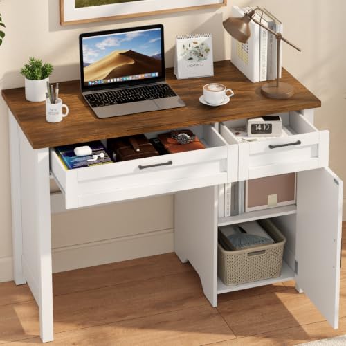 Farmhouse 43.3" Computer Desk with Storage Drawers for Home Office, White, view 4