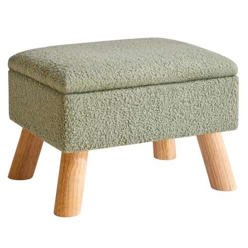 Storage Ottoman,Small Foot Stool, 15.75"×11.81"×11.02" Green,HBD042GR | Teddy Velvet,Sturdy Wood Legs,Footstool with Padded Seat, For Living Room Bedroom Couch Entryway