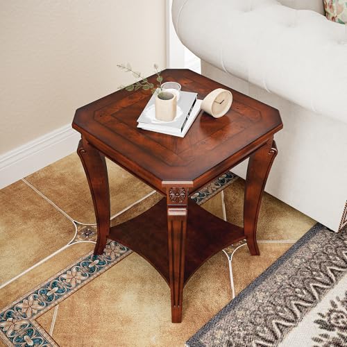 Set of 2 Solid Wood End Table for Living Room, 2-Tier Square Cherry Wood Nightstand, Mid Century Queen Anne Style Antique Side Table, 19.7" D x 19.7" W x 23.8" H, Cherry Walnut CJZ-A1168-WD