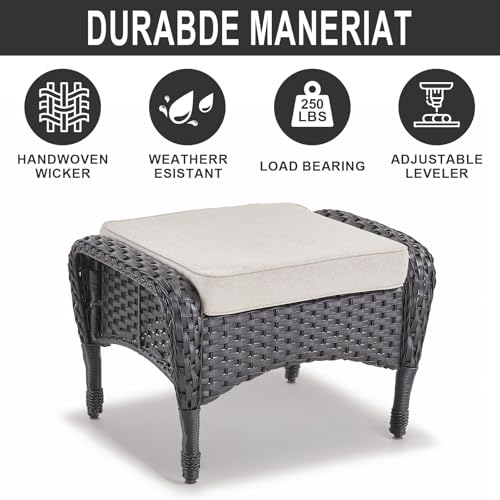 Outdoor Ottomans for Patio Foot Rest - 25 Inch PE Wicker Foot Stool Set of 2 with Removable Cushions for Patio Furniture Sets,All Weather Rattan Ottoman for Balcony Backyard Black/Beige