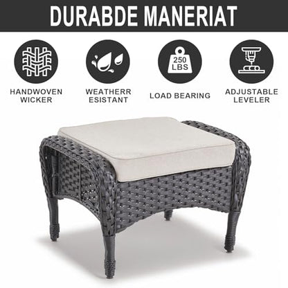 Outdoor Ottomans for Patio Foot Rest - 25 Inch PE Wicker Foot Stool Set of 2 with Removable Cushions for Patio Furniture Sets,All Weather Rattan Ottoman for Balcony Backyard Black/Beige