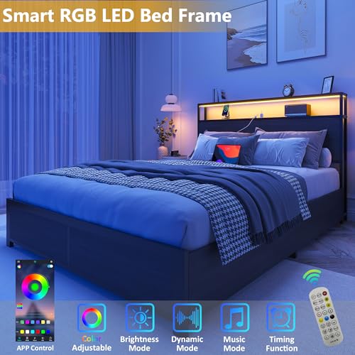 Full Bed Frame with 2-Tier Storage Headboard, view 5