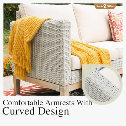 Patio Furniture Set, 5-Piece Wicker Patio Conversation Set, Rattan Outdoor Sectional Sofas with Ottomans & Wooden Coffee Table, Beige