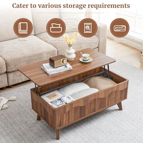 Lift Top Coffee Table with Hidden Storage, Farmhouse Fluted Coffee Table with Wave Profile, Rising Top Rectangular Center Table for Living Room (Walnut)
