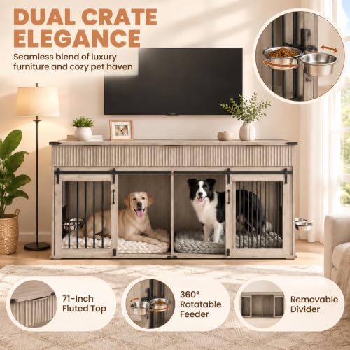71" Double Dog Crate Furniture, Gray Oak Furniture Crate with Divider, view 3