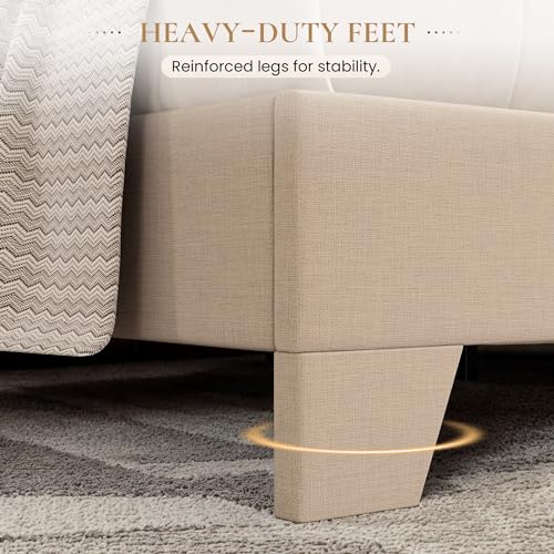 Linen Upholstered Queen Size Bed Frame with Headboard, Beige, view 6