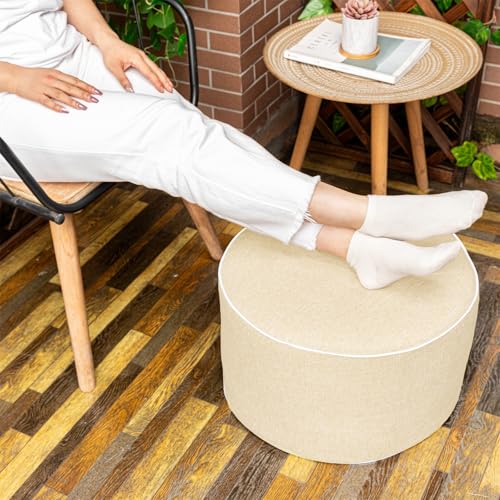 Outdoor Ottomans for Patio Pouf Waterproof Fade-Resistant Ottoman Foot Rest for Outdoor - Ottoman Chair Filled with High-Density All-in-One Foam, 20" D x 14" H Inches (Linen, Round)