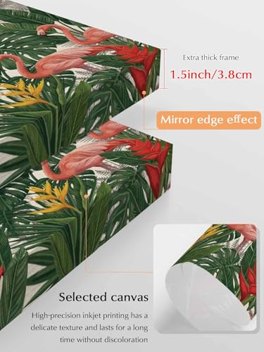 NuYeBiofx Summer Pink Flamingo Green Leaf Canvas Wall Art Prints,30"x20" Framed Picture Artwork Tropical Gray Tree Retro Linen Printed Canvas Oil Painting for Living Room Bedroom Office,Ready to Hang