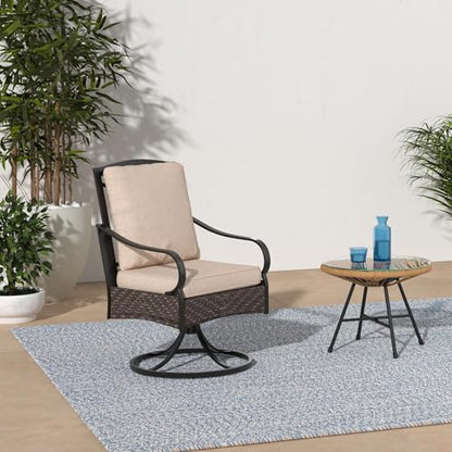 Patio Swivel Chairs Set of 2, Heavy Duty Outdoor Metal Wicker Dining Chair with Thickened Cushions, Large All Weather Wrought Iron Deck Chair Lawn Furniture Support 300lbs