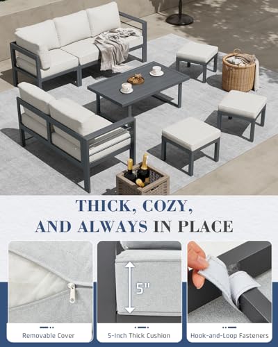 Aluminum Patio Furniture Set, 8 Seats Modern Outdoor Furniture with Adjustable Table, 7 Pieces Metal Conversation Sectional Sofa, Light Gray