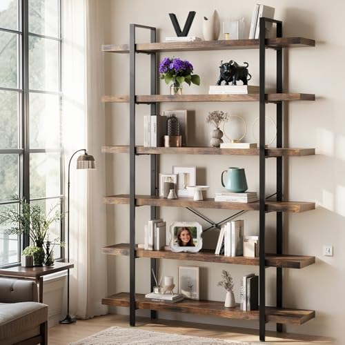 6 Tier Book Shelf, 47'' Wide Wood Industrial Bookshelf, 120lbs Shelf Capacity, Open Storage Shelves, 80'' Tall Heavy Duty Display Shelving, Rustic Brown Bookcase for Bedroom,Living Room,Office