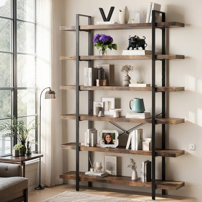 6 Tier Book Shelf, 47'' Wide Wood Industrial Bookshelf, 120lbs Shelf Capacity, Open Storage Shelves, 80'' Tall Heavy Duty Display Shelving, Rustic Brown Bookcase for Bedroom,Living Room,Office