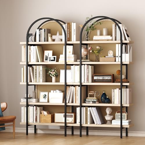 Bookshelf Rattan 5 Tier Arched Bookcase, 74" Tall Industrial Open Book Shelves for Living Room, Modern Freestanding Display Shelving Boho Storage Rack with Metal Frame for Office, Brown