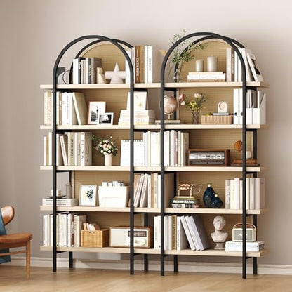 Bookshelf Rattan 5 Tier Arched Bookcase, 74" Tall Industrial Open Book Shelves for Living Room, Modern Freestanding Display Shelving Boho Storage Rack with Metal Frame for Office, Brown