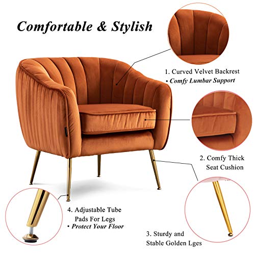 Velvet Modern Tub Barrel Arm Chair Upholstered Tufted with Gold Metal Legs Accent Club Chair with Ottoman Footrest for Living Reading Room Bedroom, Caramel Color