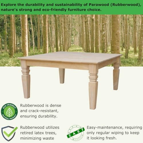 International Concepts, 18"H Java Square Coffee Table, Farmhouse, Living Room Furniture, Sturdy Solid Parawood, Paint or Stain in Any Color, Easy Assembly, Unfinished
