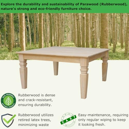 International Concepts, 18"H Java Square Coffee Table, Farmhouse, Living Room Furniture, Sturdy Solid Parawood, Paint or Stain in Any Color, Easy Assembly, Unfinished