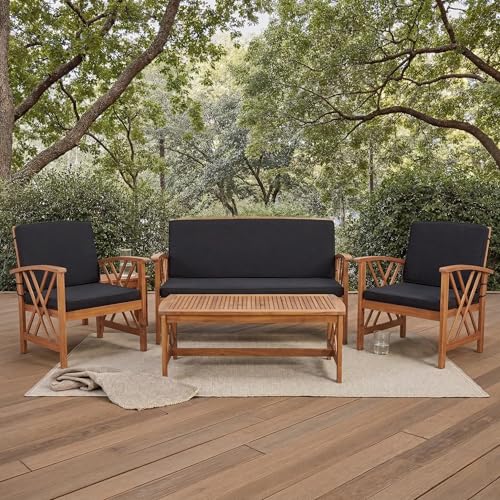 SAFAVIEH Outdoor Collection Fontana Natural/ Black Cushions 4-Piece Conversation Patio Set