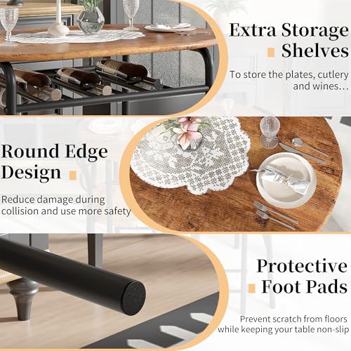 3-Piece Dining Table Set for Kitchen Breakfast Nook, Wood Grain Oval Tabletop and Metal Frame with Built-in Wine Rack, for Small Spaces, Antique Brown & Black